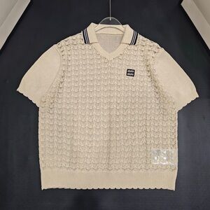 Miu Miu Hollowed-out Pattern V-Neck Short Sleeve Shirt